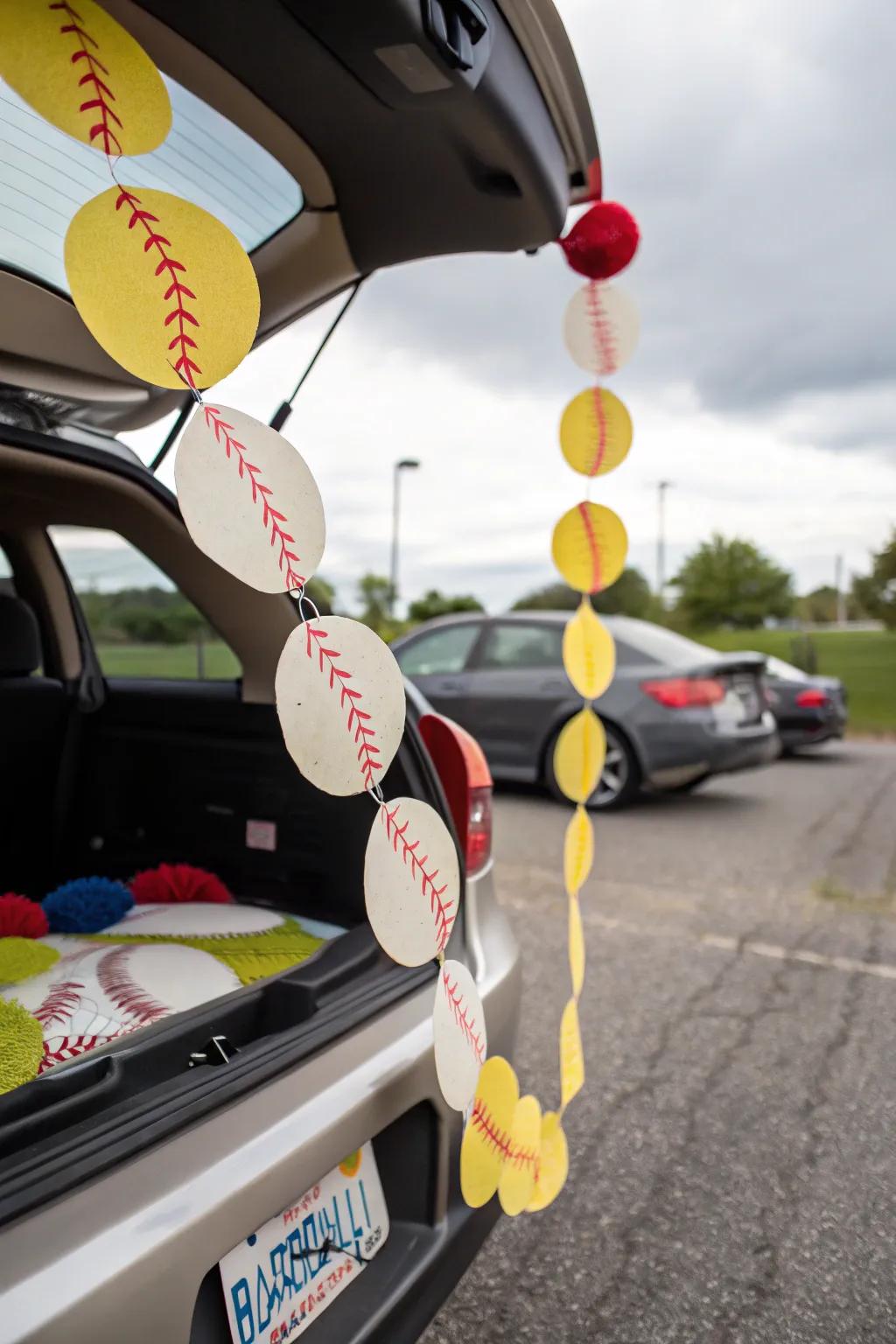 A DIY baseball garland adds a festive touch to your trunk setup.