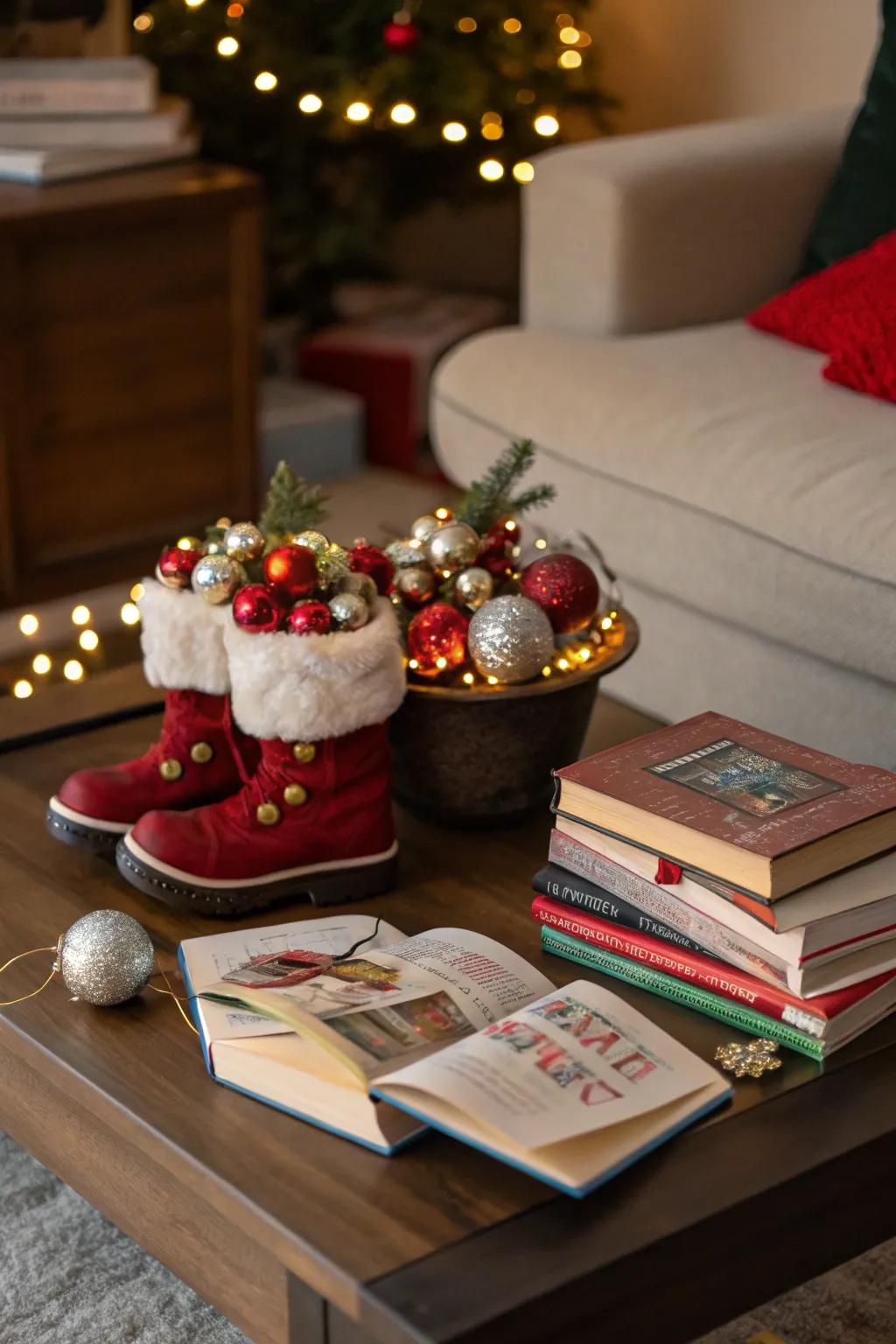 Festive touches for your coffee table with Santa boots.