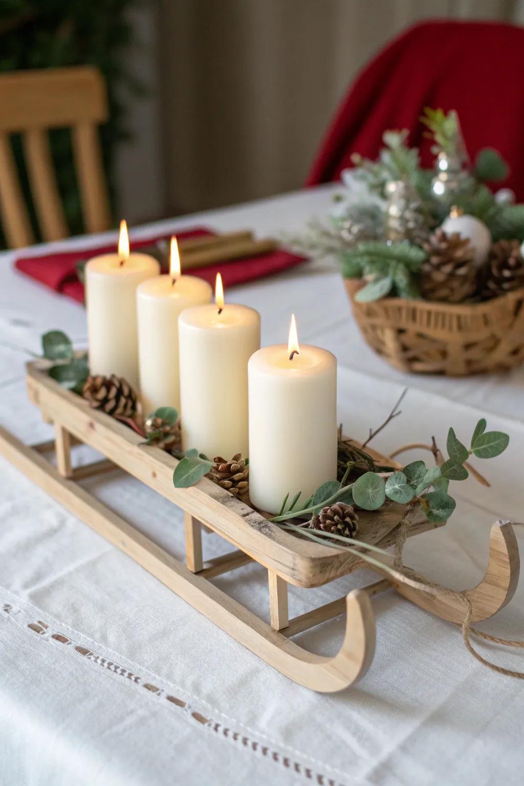 Illuminate your holiday table with this Scandinavian-inspired sleigh centerpiece, where simplicity meets natural beauty.