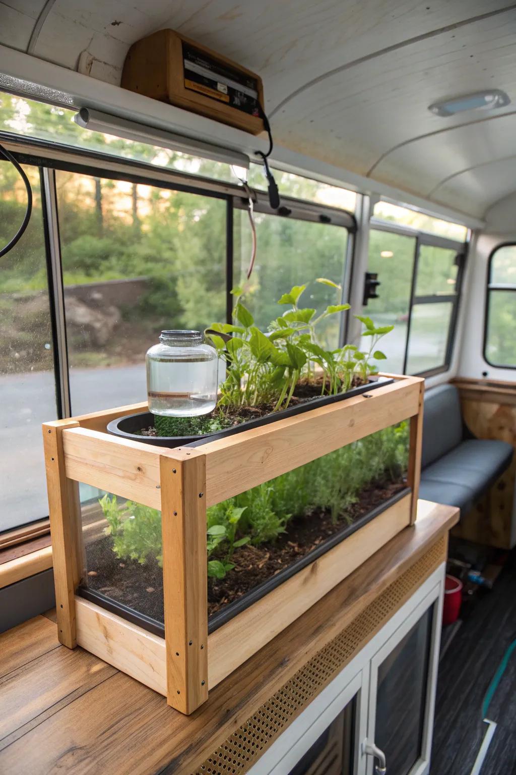 Transform your school bus greenhouse with a stunning aquaponics system that blends Scandinavian simplicity and Boho charm.