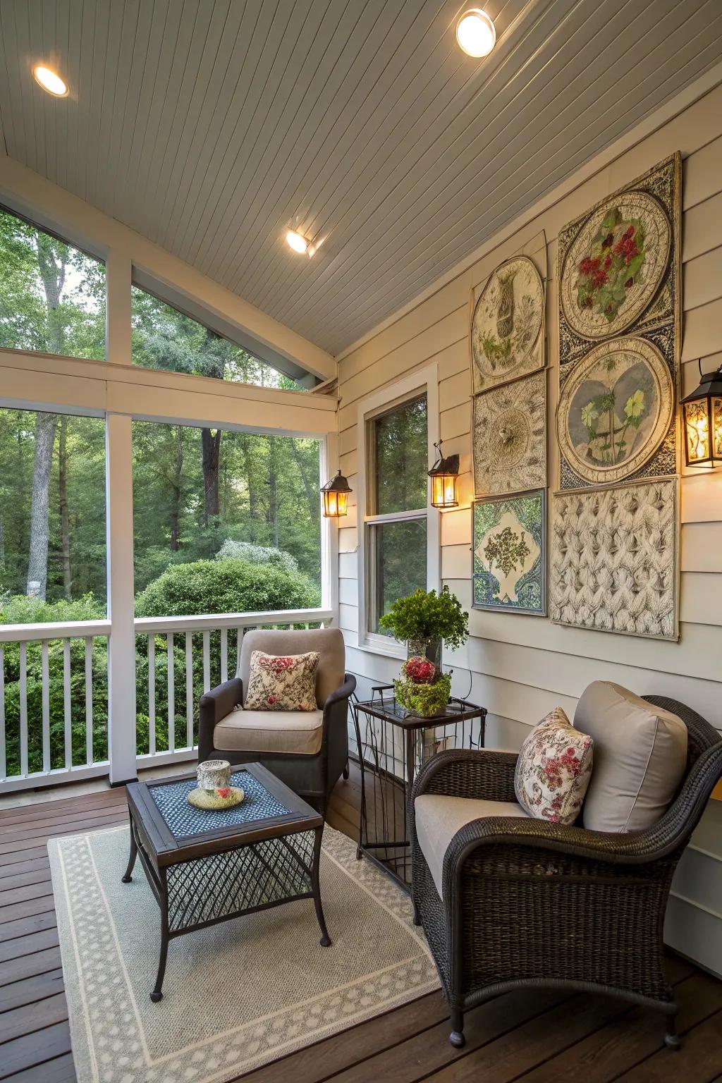 Wall art personalizes your porch space.