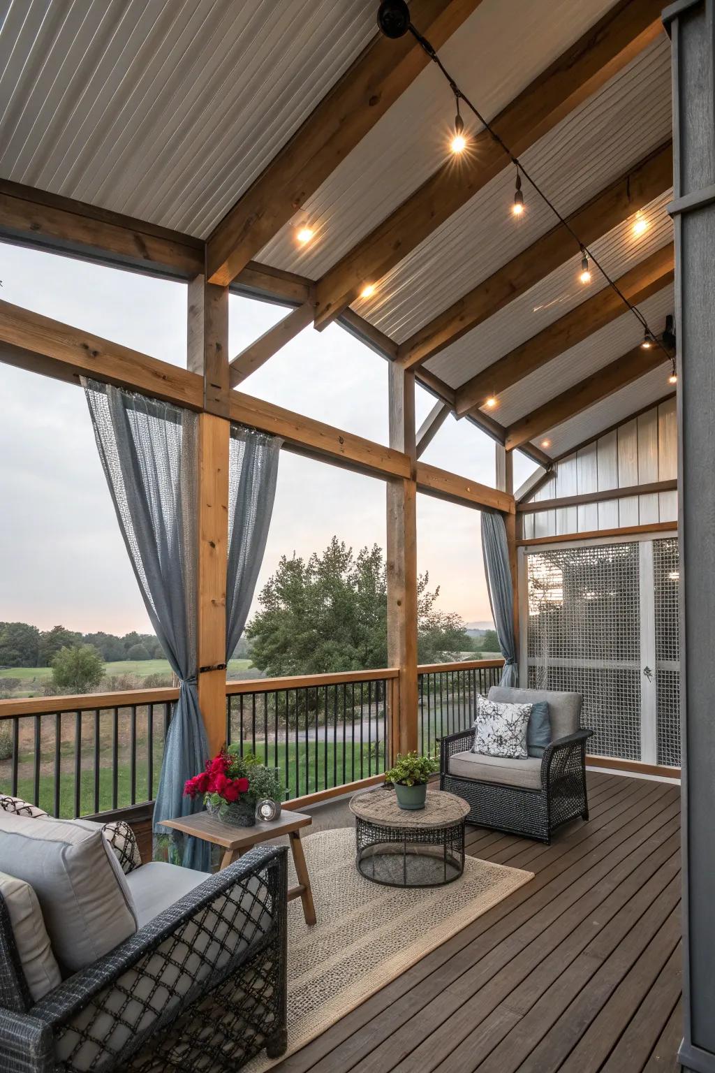 A mix of materials adds visual interest to your screened porch.