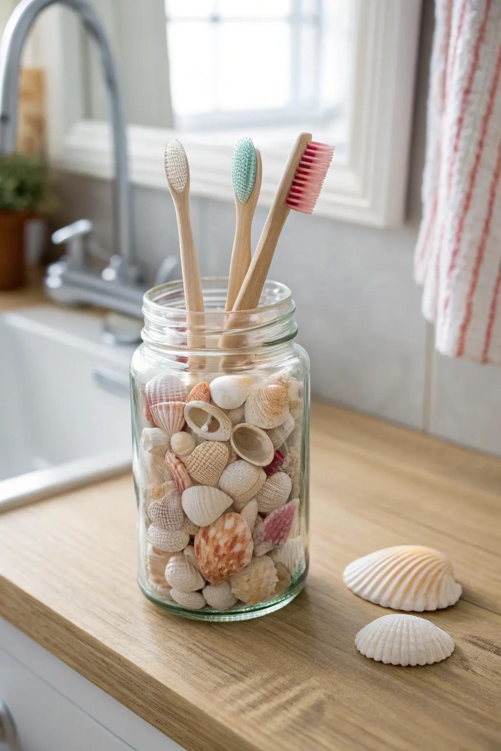 Transform your bathroom into a beachside retreat with this stunning seashell toothbrush holder. 🌊✨