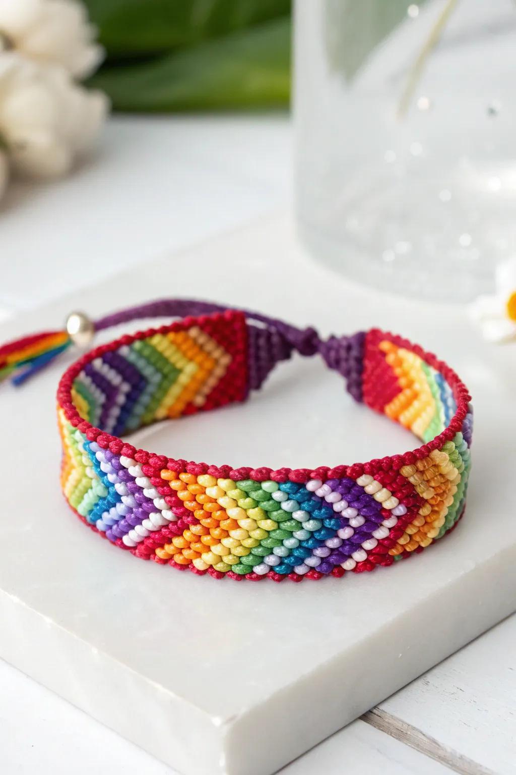 Embrace joy and diversity with this handcrafted rainbow loom bracelet, a bold statement of positivity and elegance.