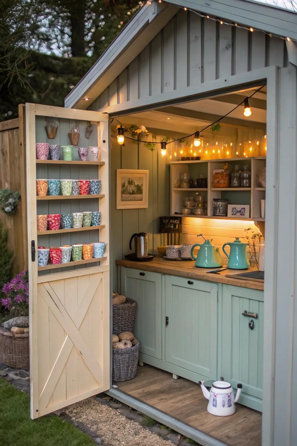 A tea or coffee station offers a cozy break in a she shed craft room.