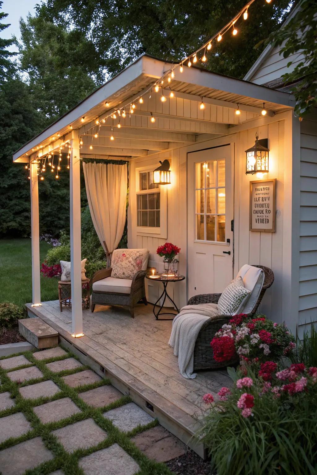 Relax in an evening lounge on your porch with soft lighting and cozy seating.