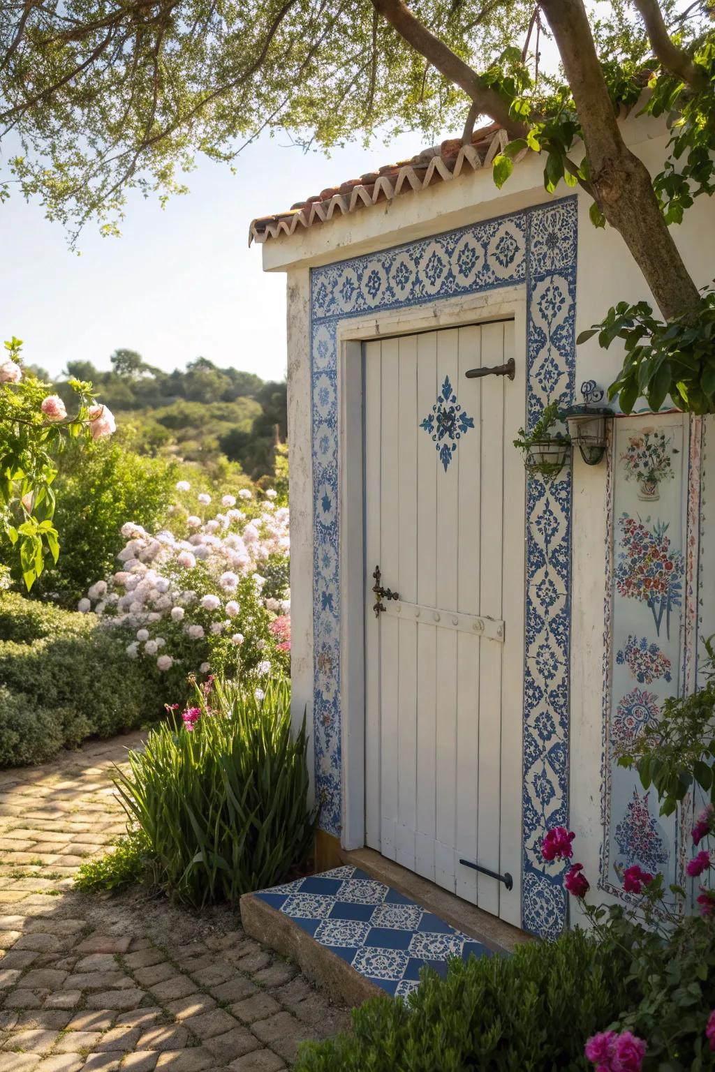 Mediterranean tiles bring colorful cultural flair to this shed door.