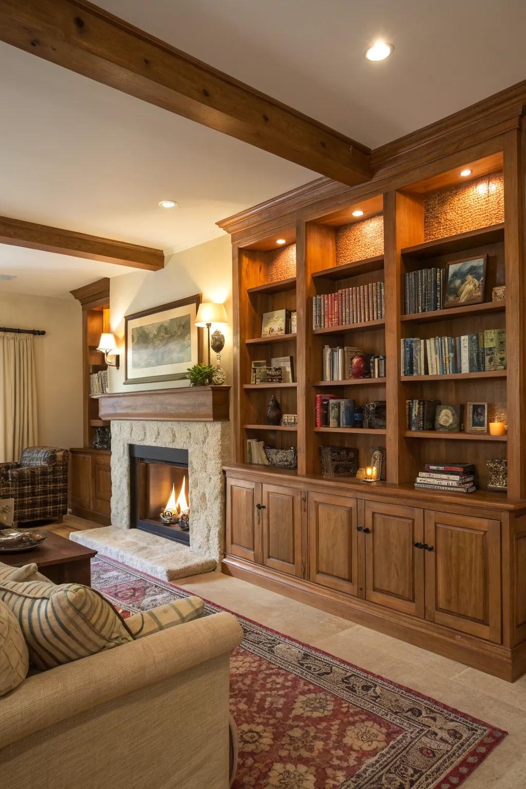 Warm colors on shelves enhance a cozy and inviting atmosphere.