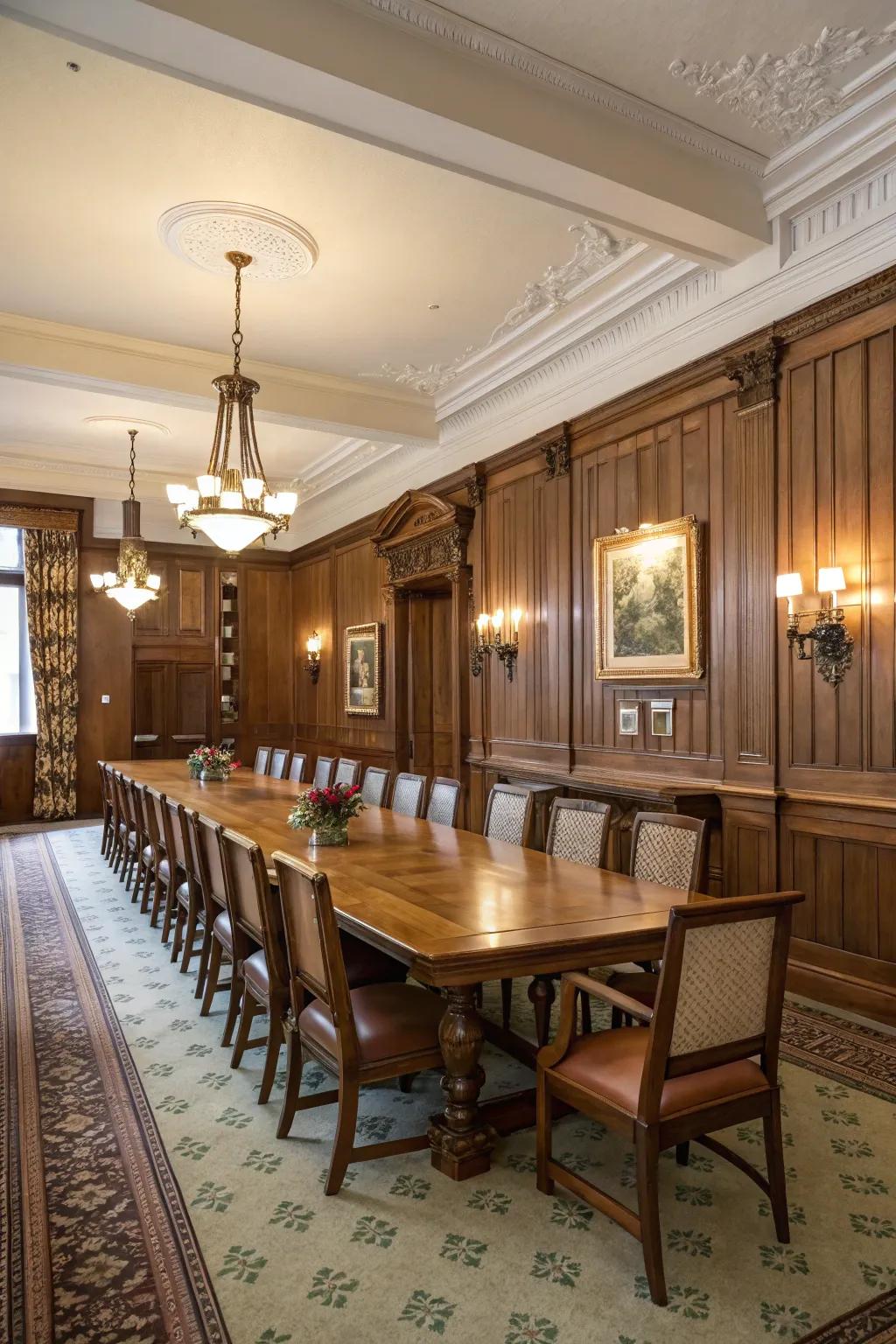 A classic dining room with traditional shiplap wainscoting.