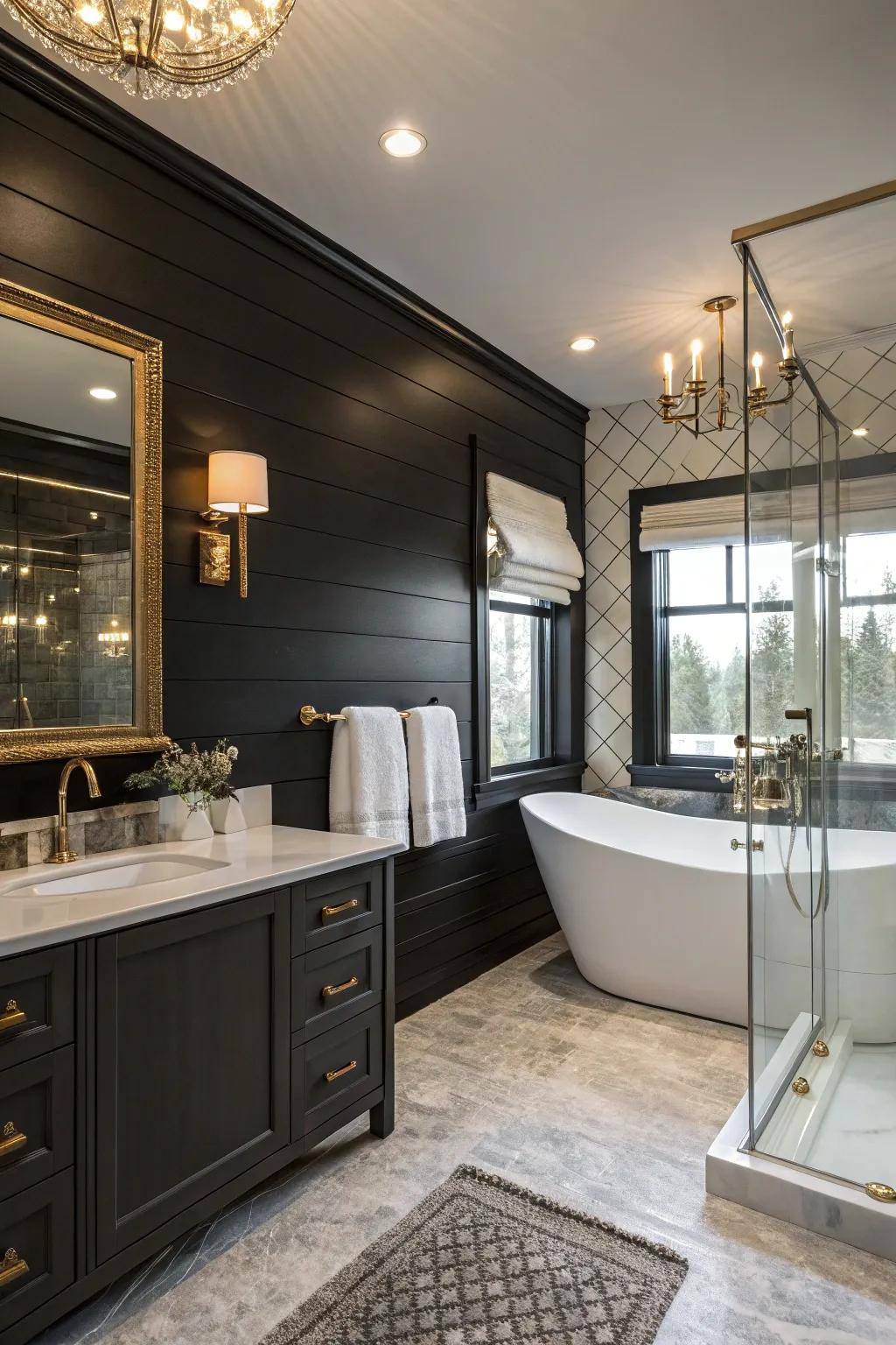 A bathroom featuring a black shiplap accent wall.