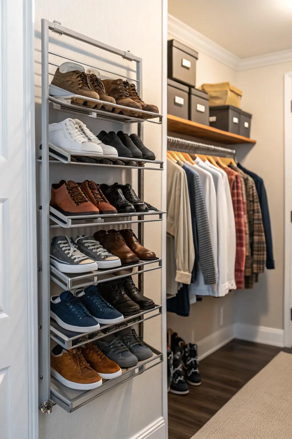 A metal shoe rack keeps shoes organized and accessible.