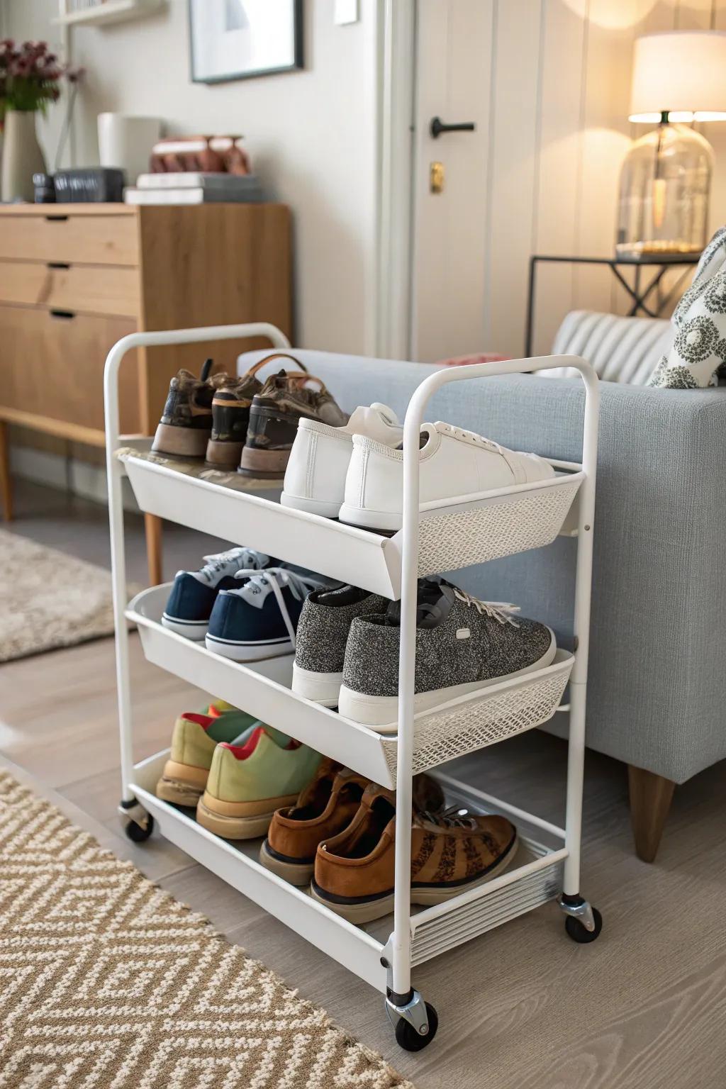 Rolling carts provide flexible and mobile shoe storage.