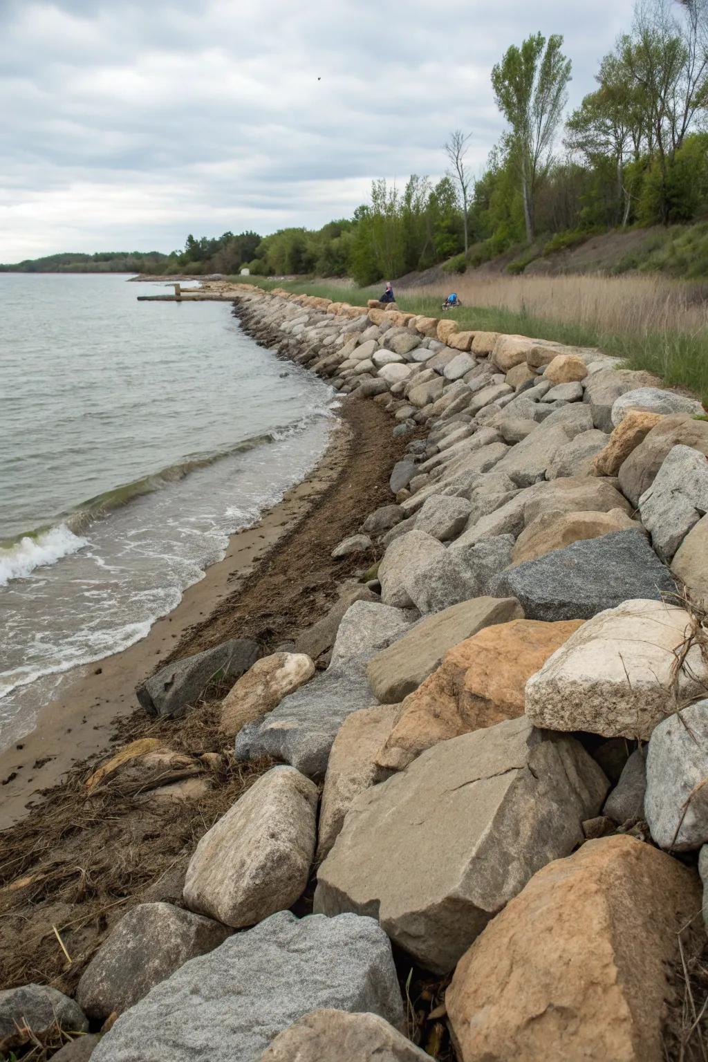 Riprap rocks providing effective erosion control and rugged beauty to the shoreline.