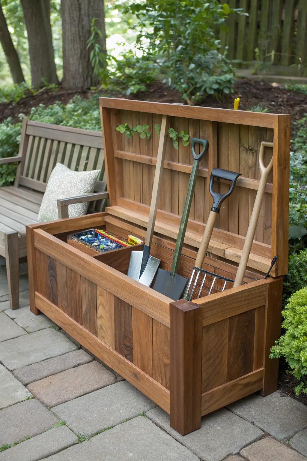 Elevate your garden space with a stylish and functional bench that doubles as a tool storage solution.