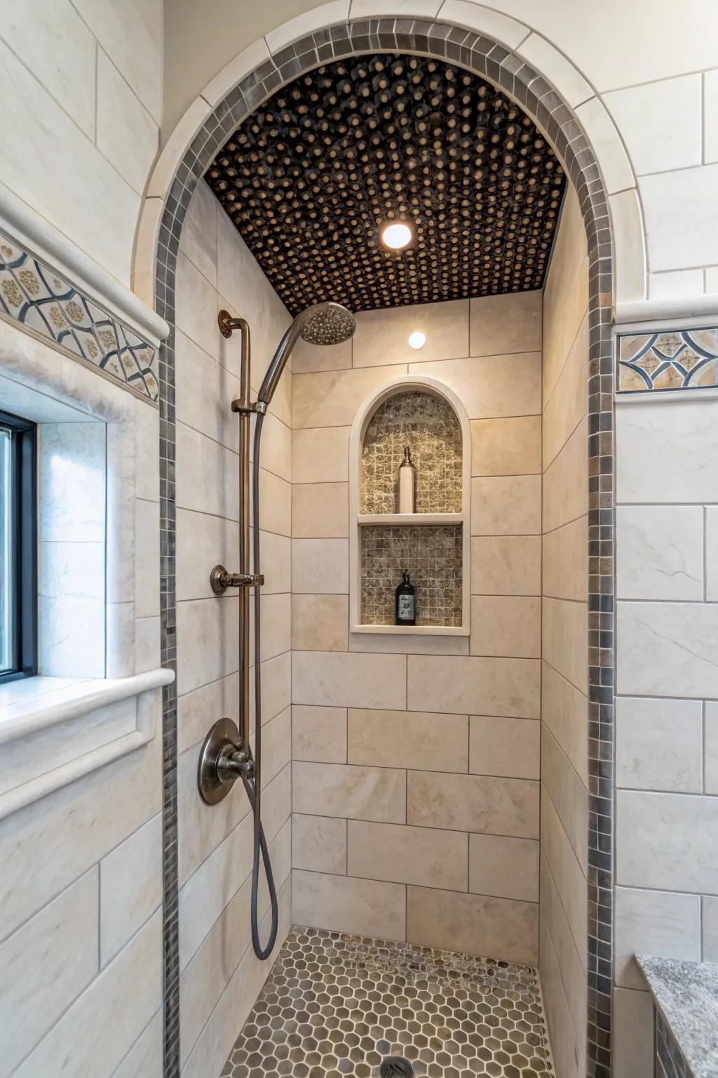 Custom-shaped niches like arches add a unique twist to showers.