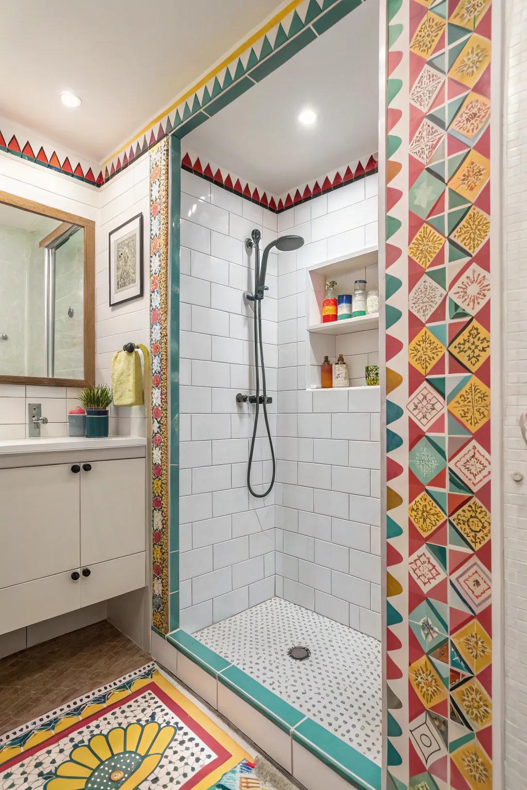 Retro tile borders bring playful nostalgia to modern showers.