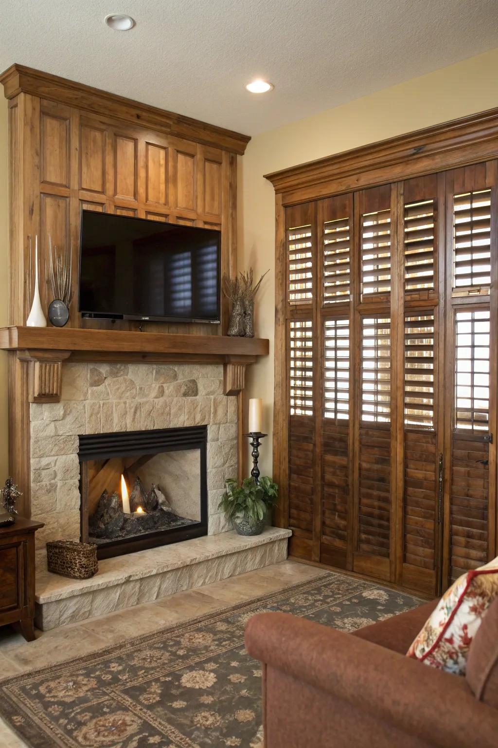 A charming fireplace screen made from shutter doors.