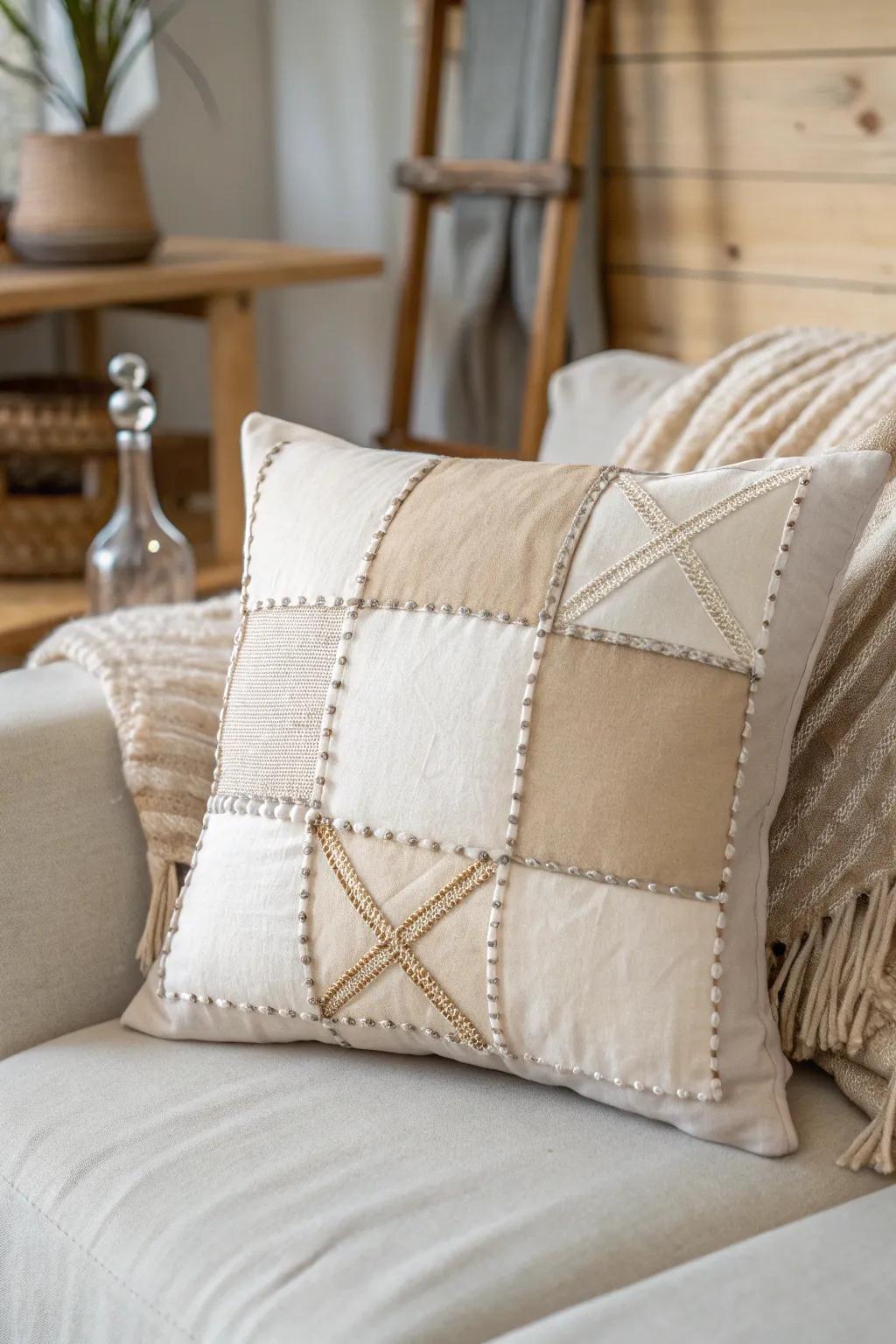 Add a touch of subtle elegance to your space with this sophisticated patchwork cushion.