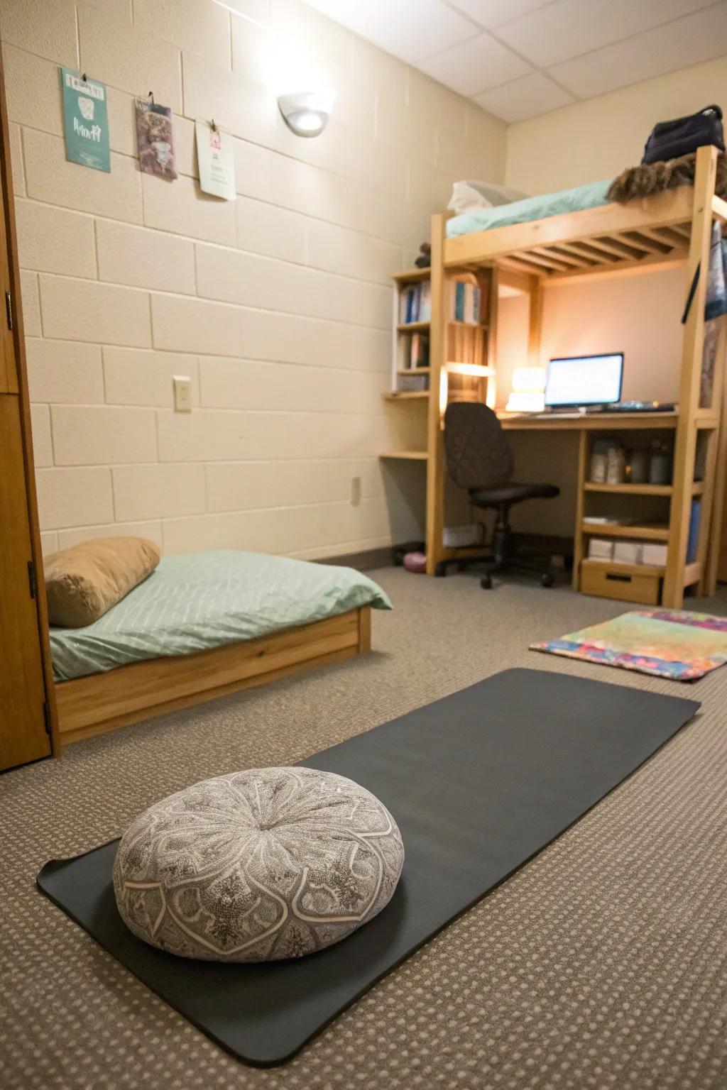 A meditation mat creates a peaceful corner for relaxation in a dorm room.