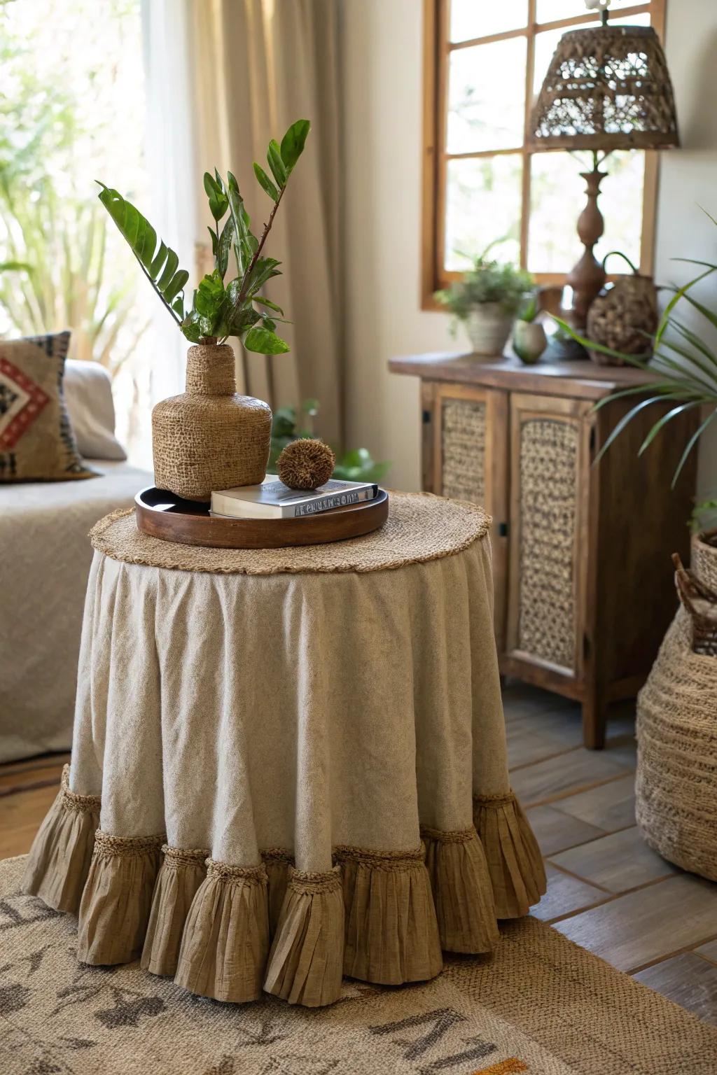 A side table with a jute skirt, adding natural beauty to a serene living room.