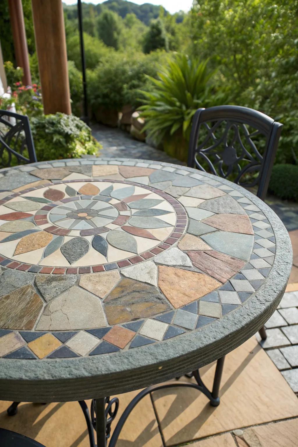 Transform your patio with a stunning mosaic slate table top – where craftsmanship meets nature.