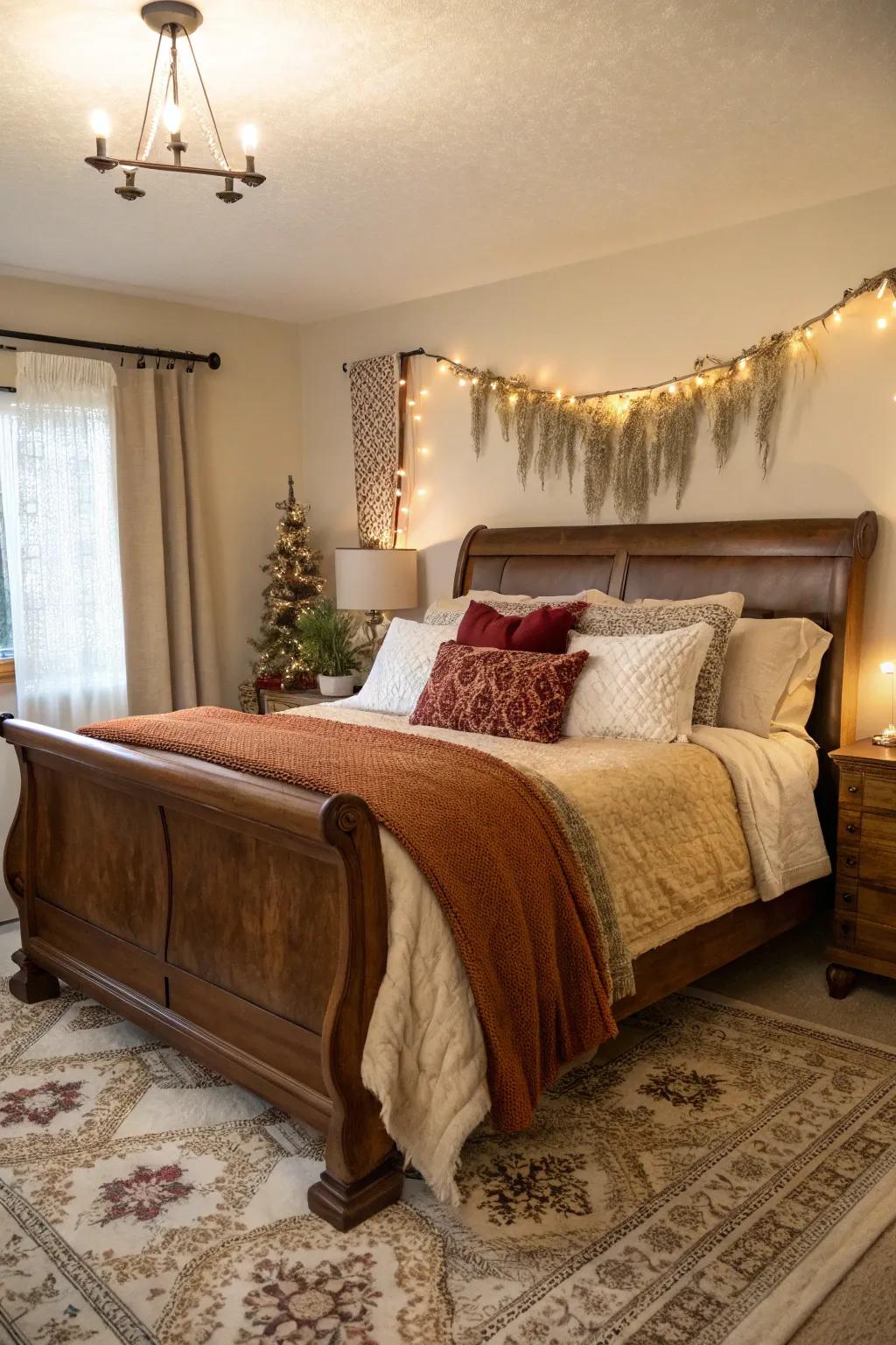 Layered textures create depth and comfort for this sleigh bed.