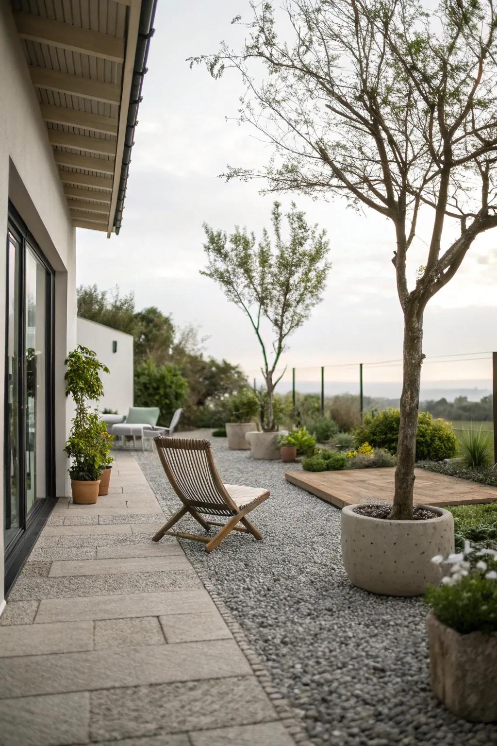 Crushed stone creates a simple and serene patio environment.