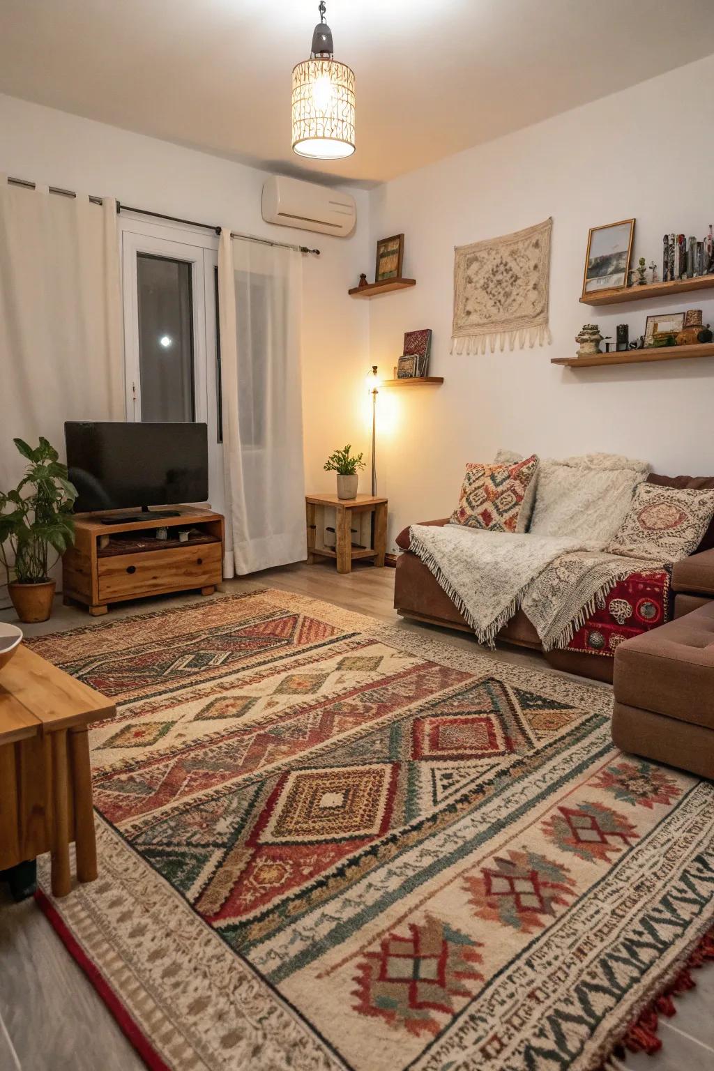 Rugs define spaces and add warmth in small apartments.