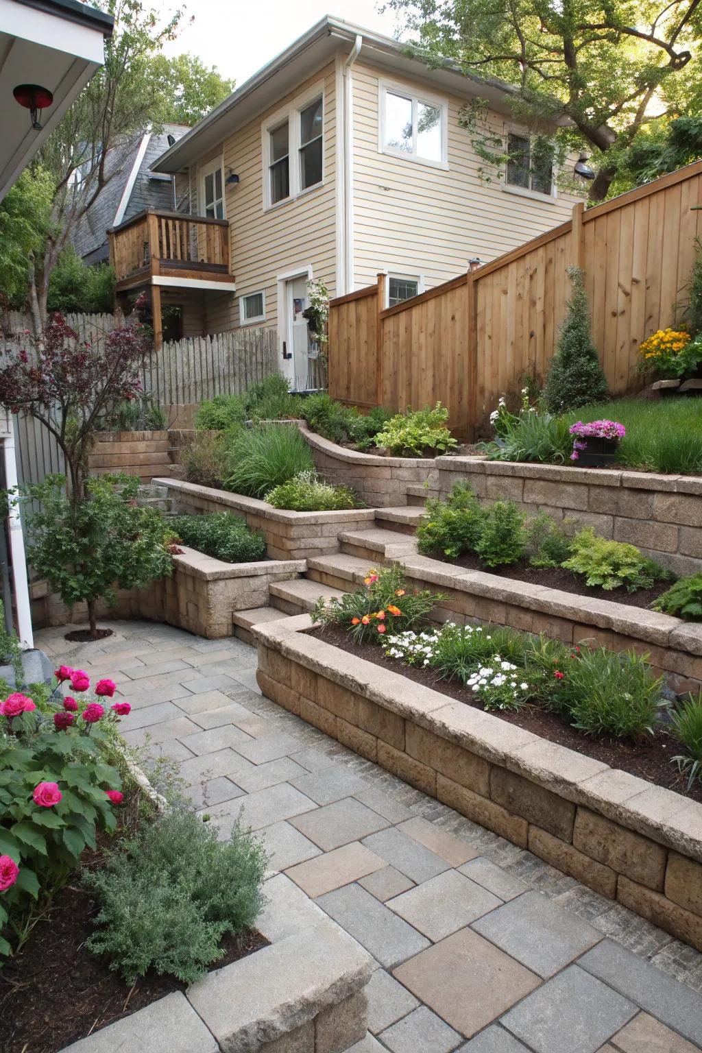 Retaining walls manage slopes and create distinct garden levels.