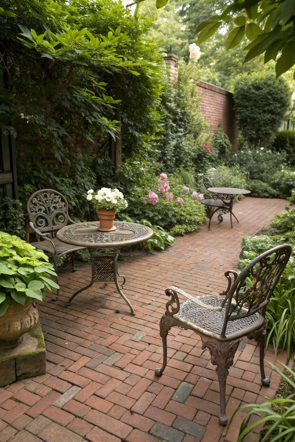 A brick patio with vintage wrought iron furniture.