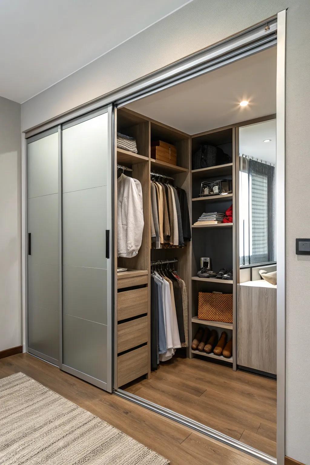 Sliding doors optimize space and access in small closets.