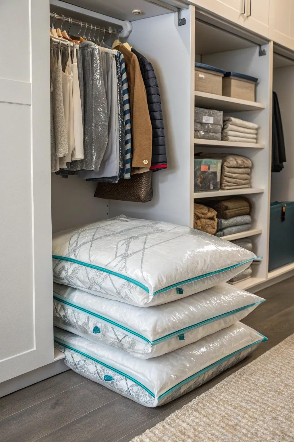 Vacuum storage bags compress clothes, saving valuable closet space.