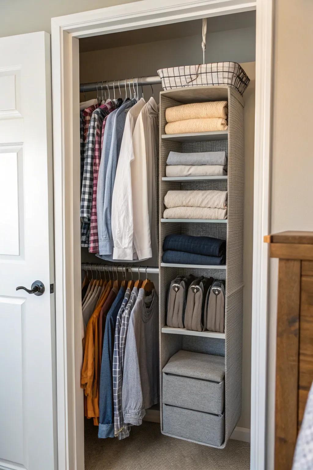 Hanging shelf organizers maximize vertical storage space.