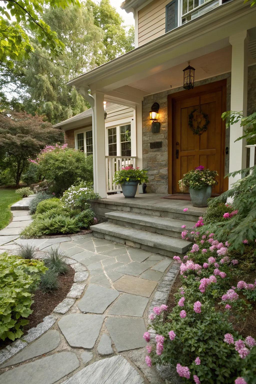 A stone pathway adds rustic elegance.