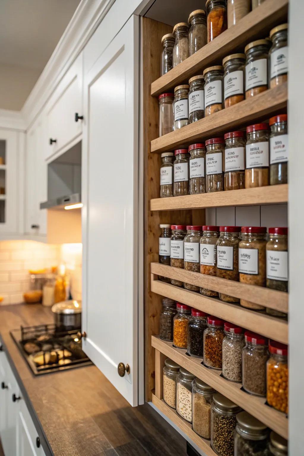 Narrow shelves add convenient storage to cabinet ends.