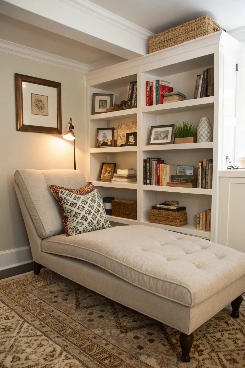 A well-organized living room with a chaise lounge near built-in shelves.