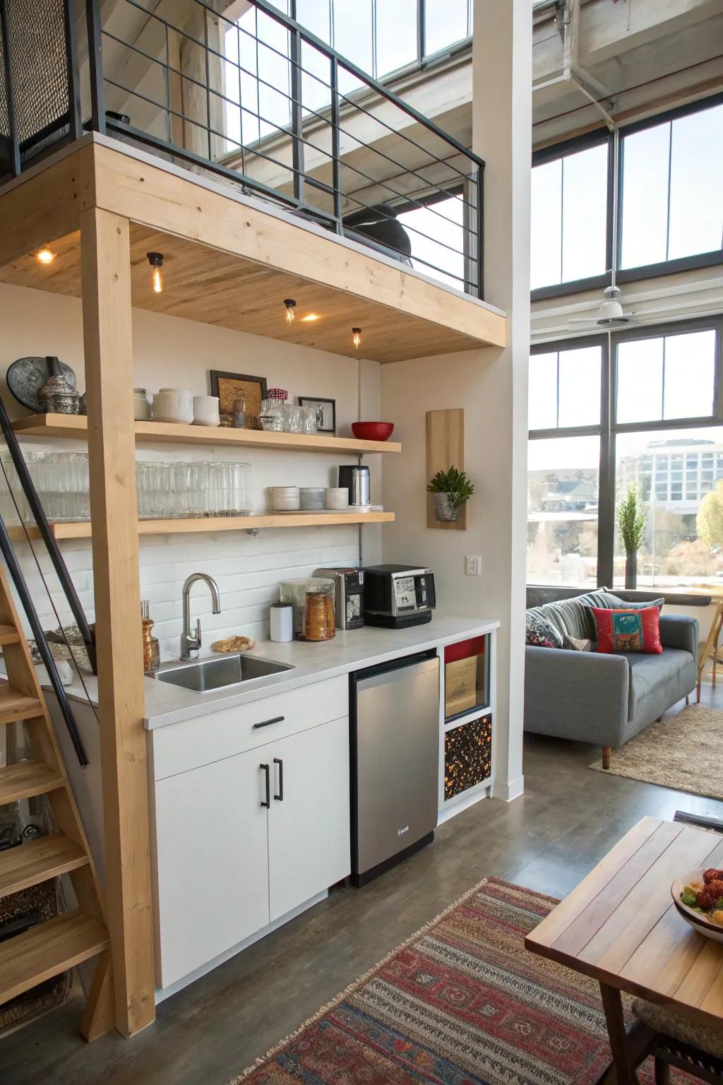 Compact kitchenette making a loft self-sufficient and functional.