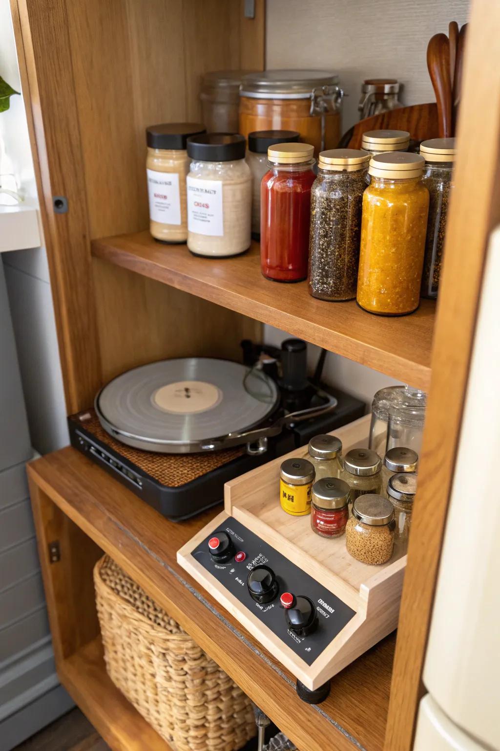 A turntable keeps pantry items within easy reach.