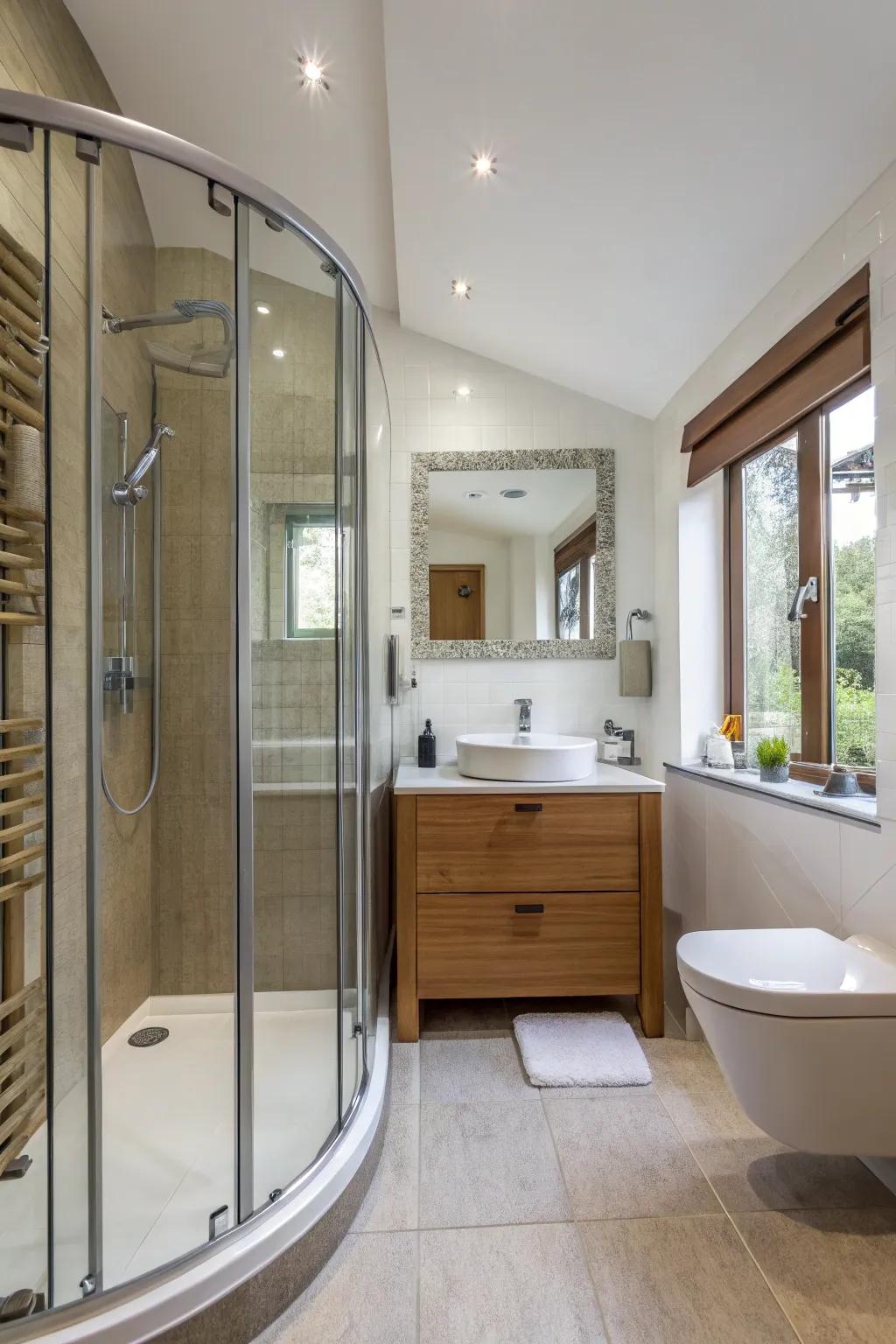 A small bathroom featuring a curved shower frame for a flowing design.