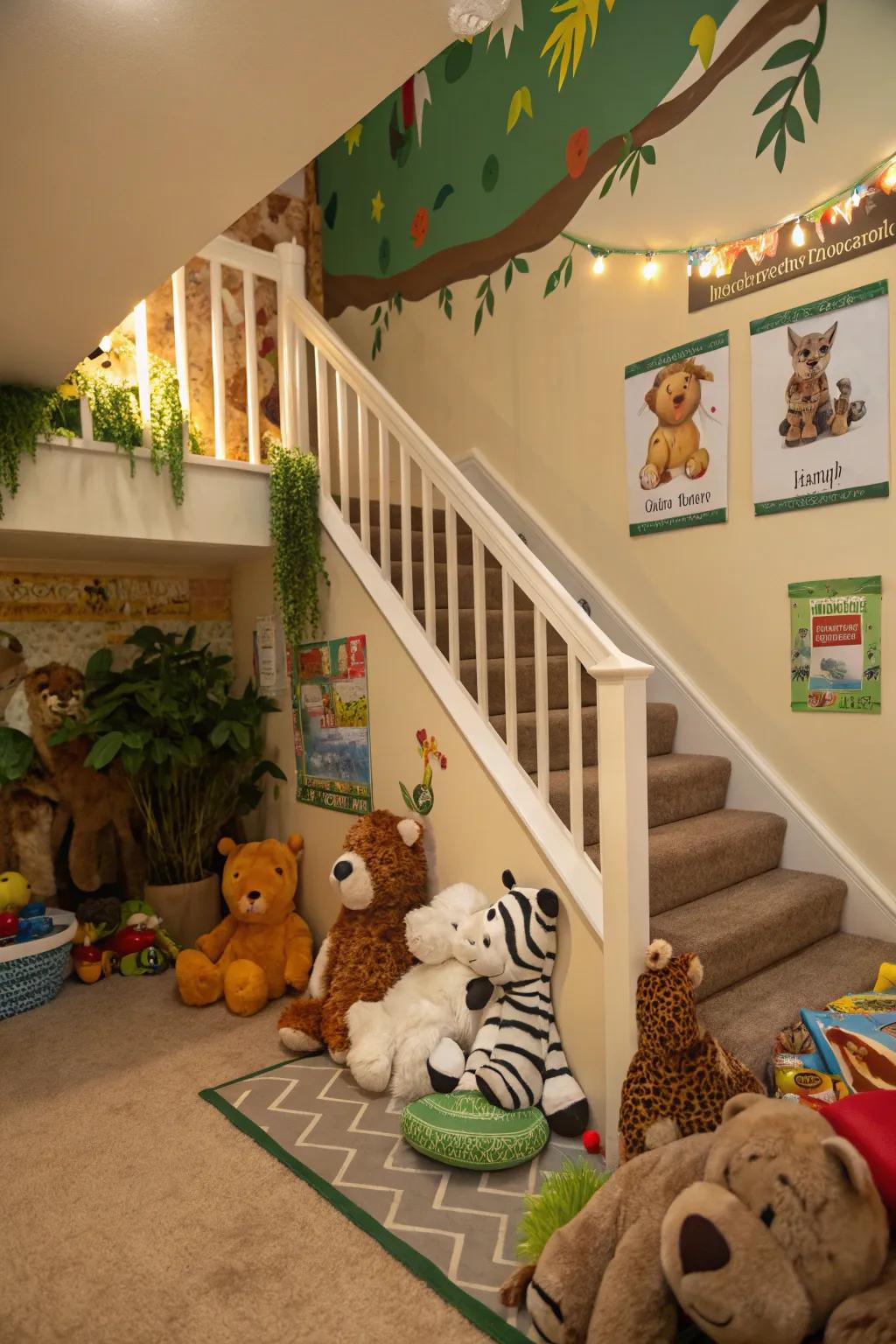 An animal kingdom playground under the stairs for wildlife adventures.