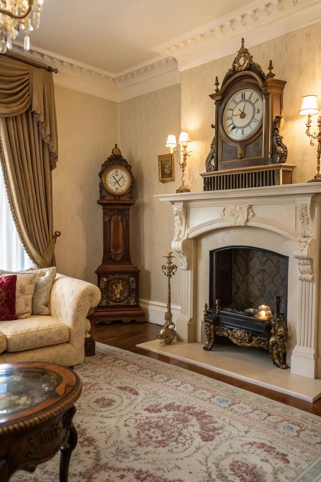 Antique clocks add character and historical charm.