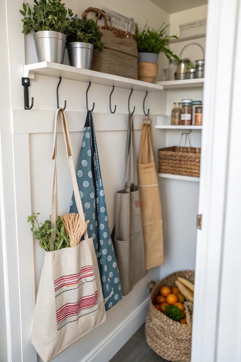 Hooks provide easy access to bags and aprons in the pantry.