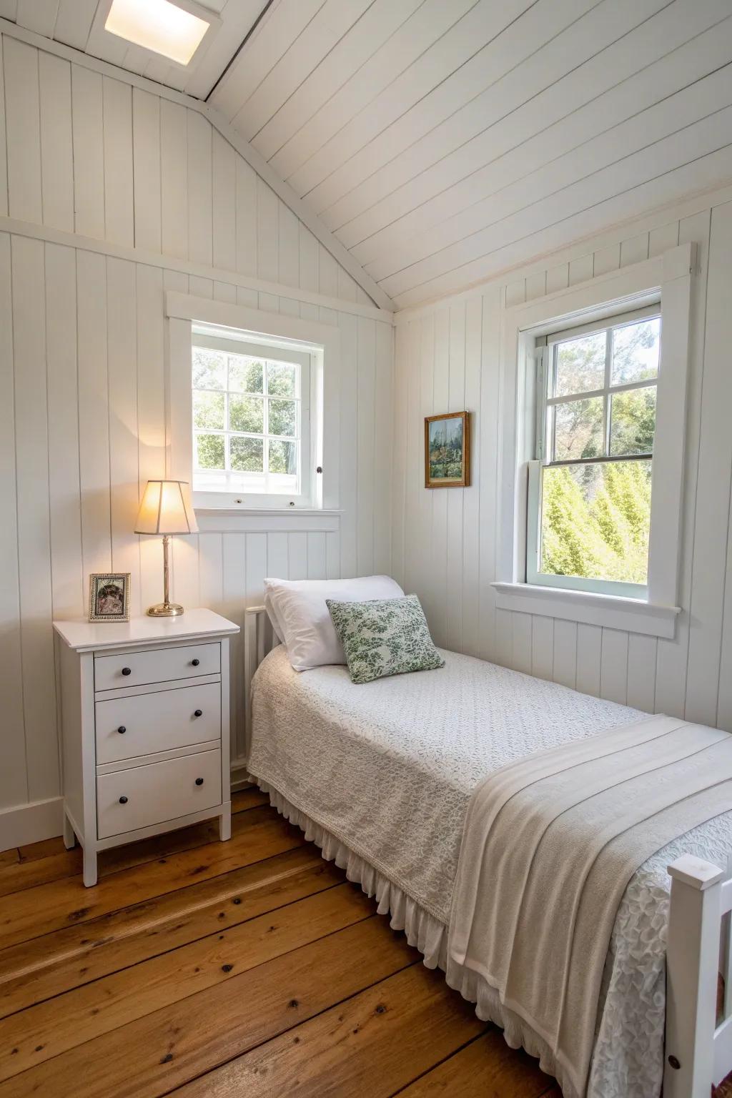 Light flooring enhances the airy feel of a small white bedroom.