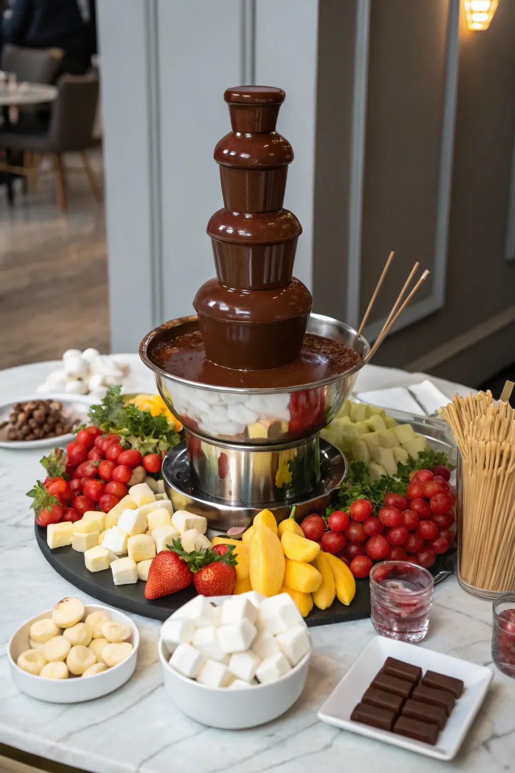 A chocolate fountain adds an indulgent touch to your snack table.