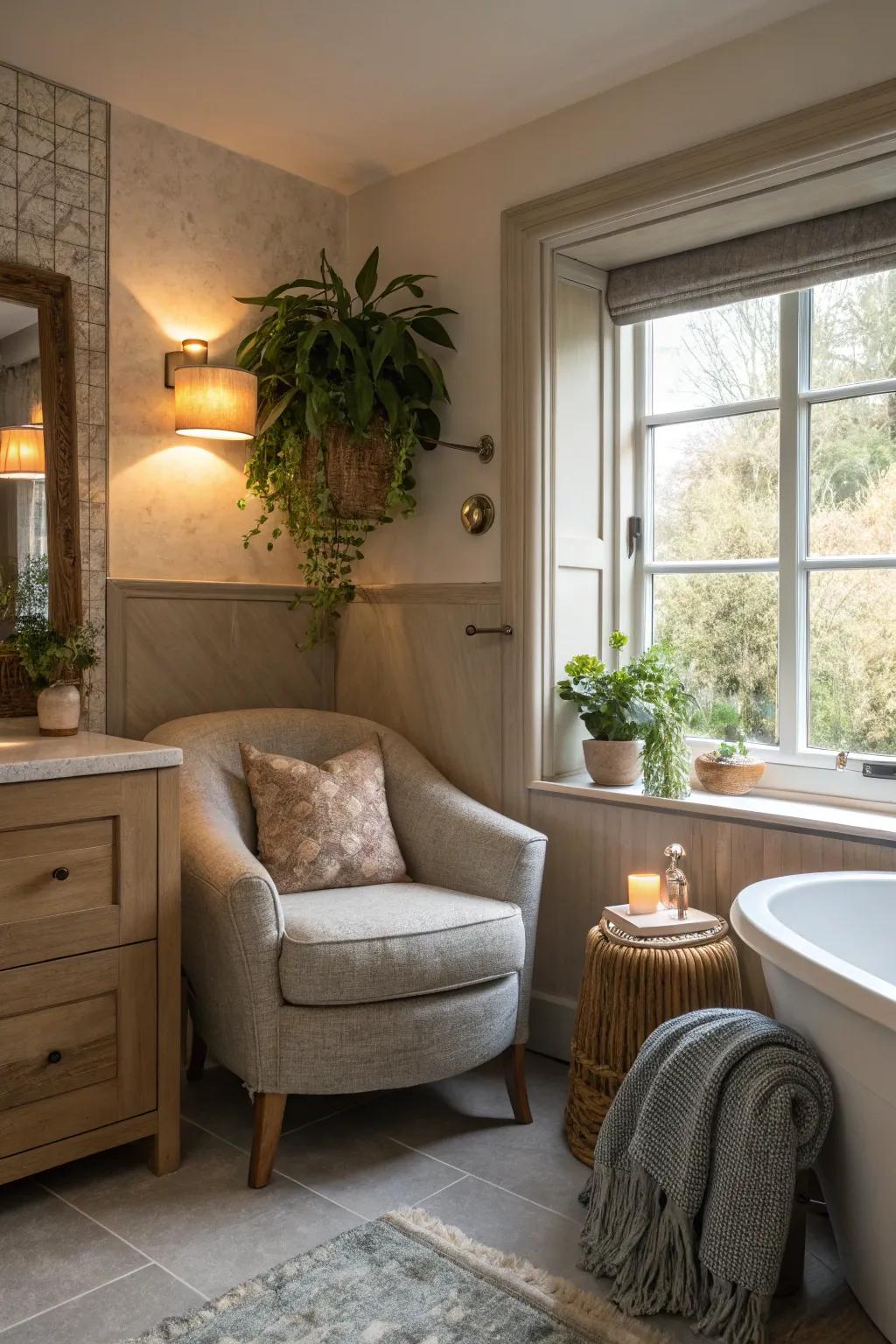 A cozy nook provides a relaxing retreat within the bathroom.