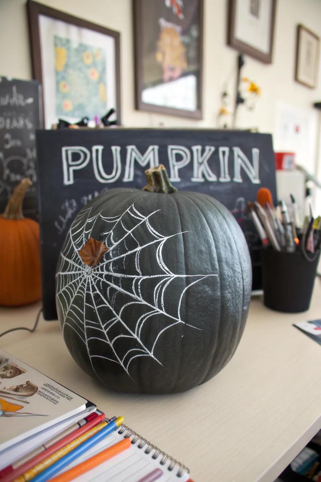 A pumpkin with an erasable chalkboard spider web.