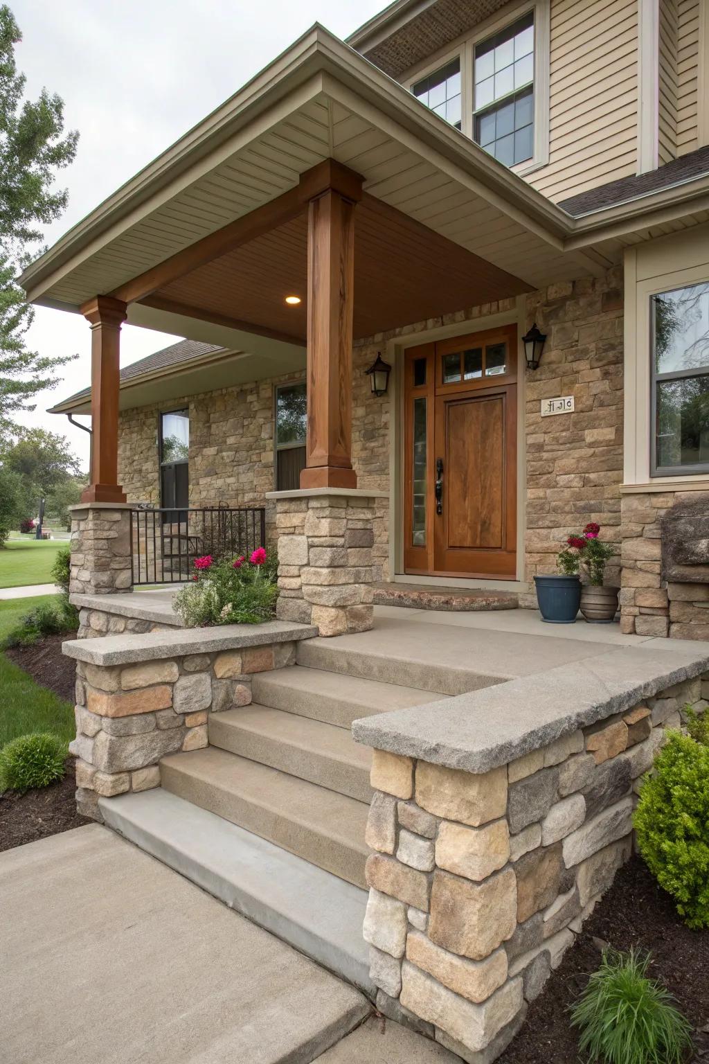 An accent wall brings character and focus to this split foyer porch.