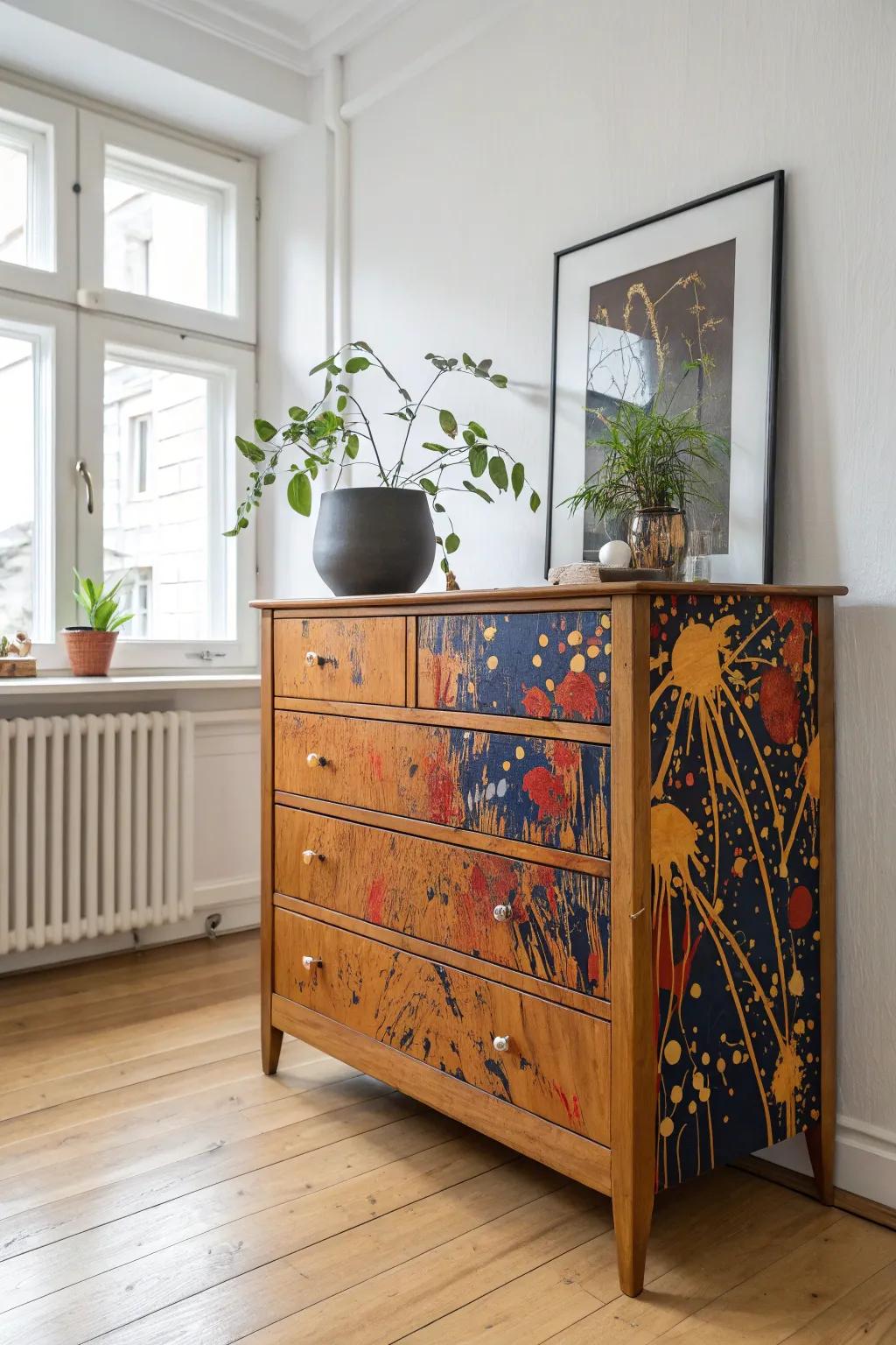 Add a splash of creativity to your space with a striking splatter paint dresser.