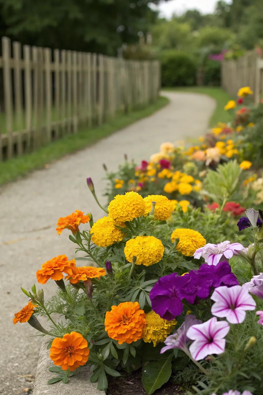 Annuals like marigolds and petunias provide vibrant pops of color.