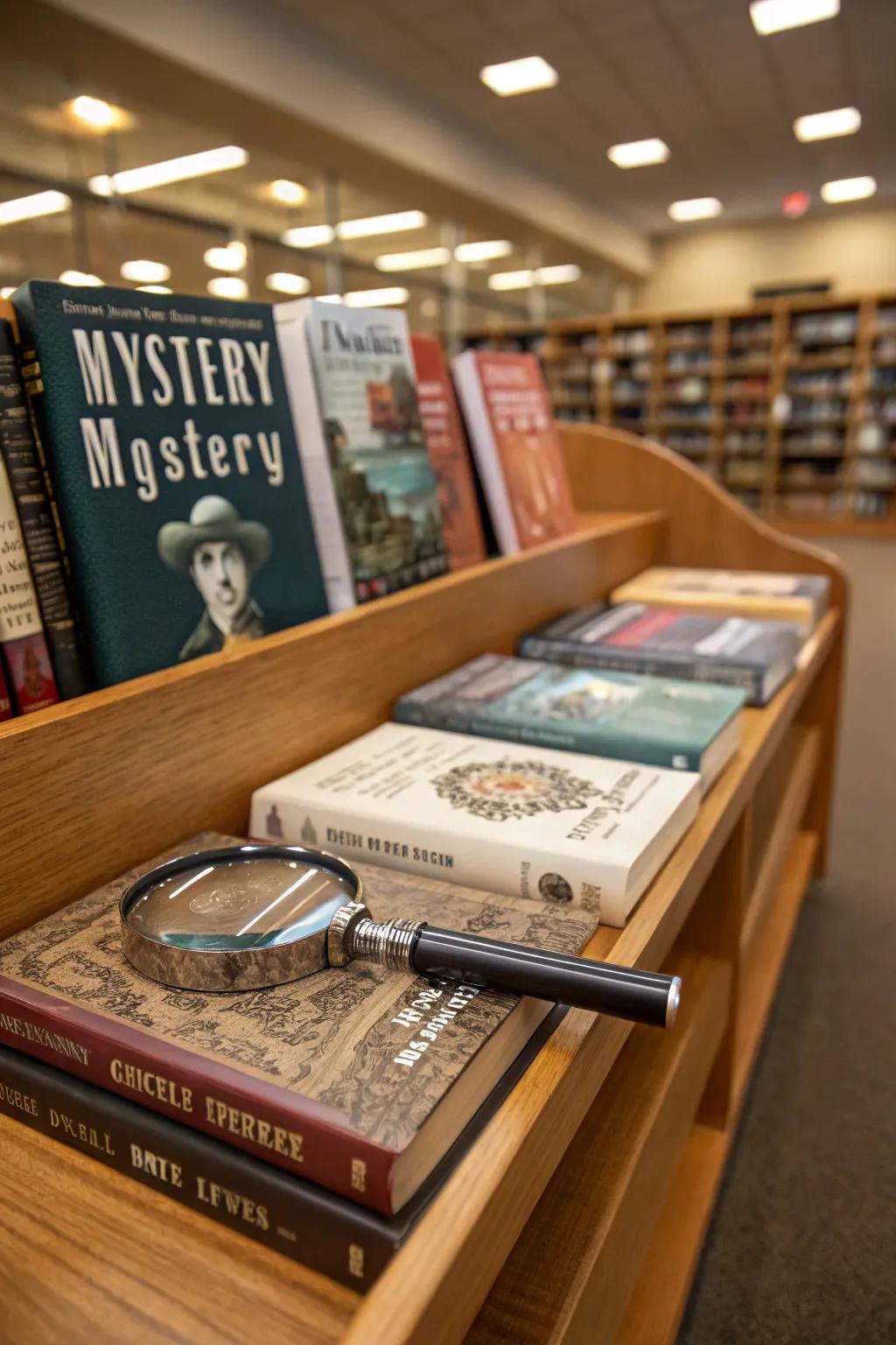 A mysterious display with suspenseful reads and a magnifying glass.